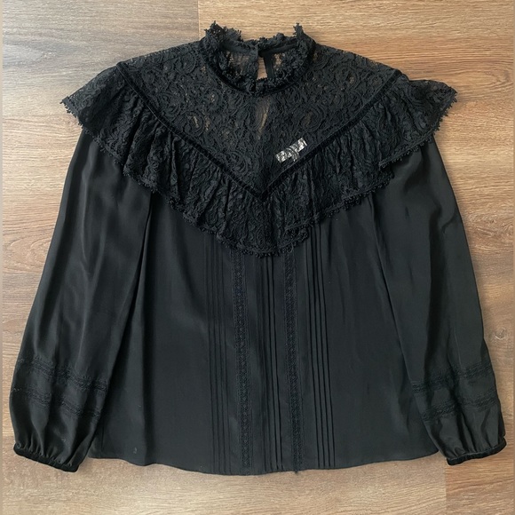 Rebecca Taylor Black Silk & Lace Top With Velvet Trim Size 2 - Picture 8 of 15